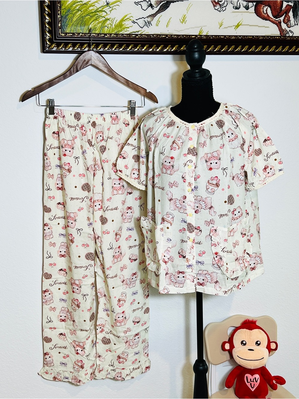 Women’s Cotton Pajama Set - Cream Pink Printed Top & Pants